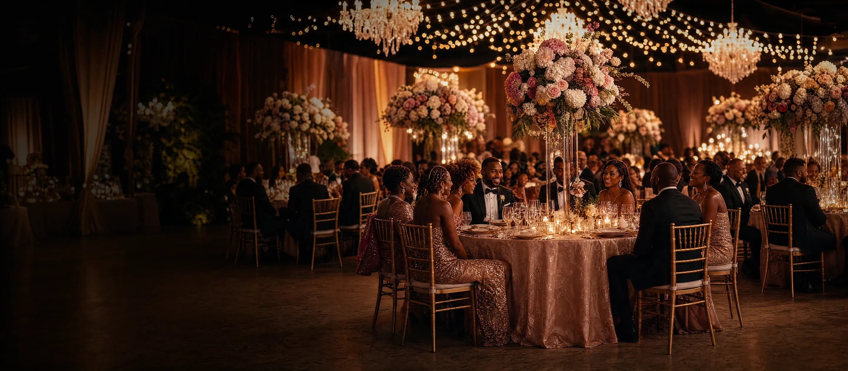 Grand decorated reception hall filled with elegantly dressed guests