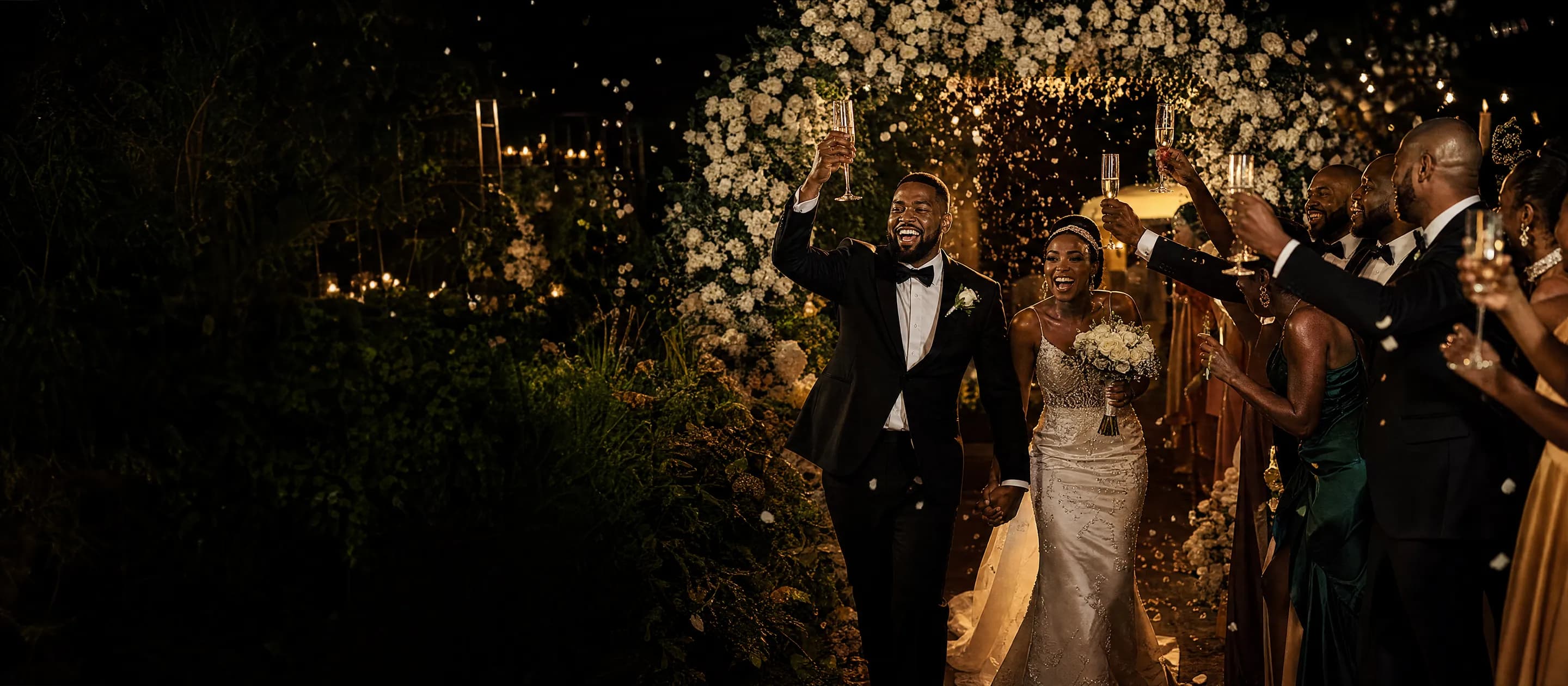 Guests raising a champagne toast as a couple enters through a floral arch