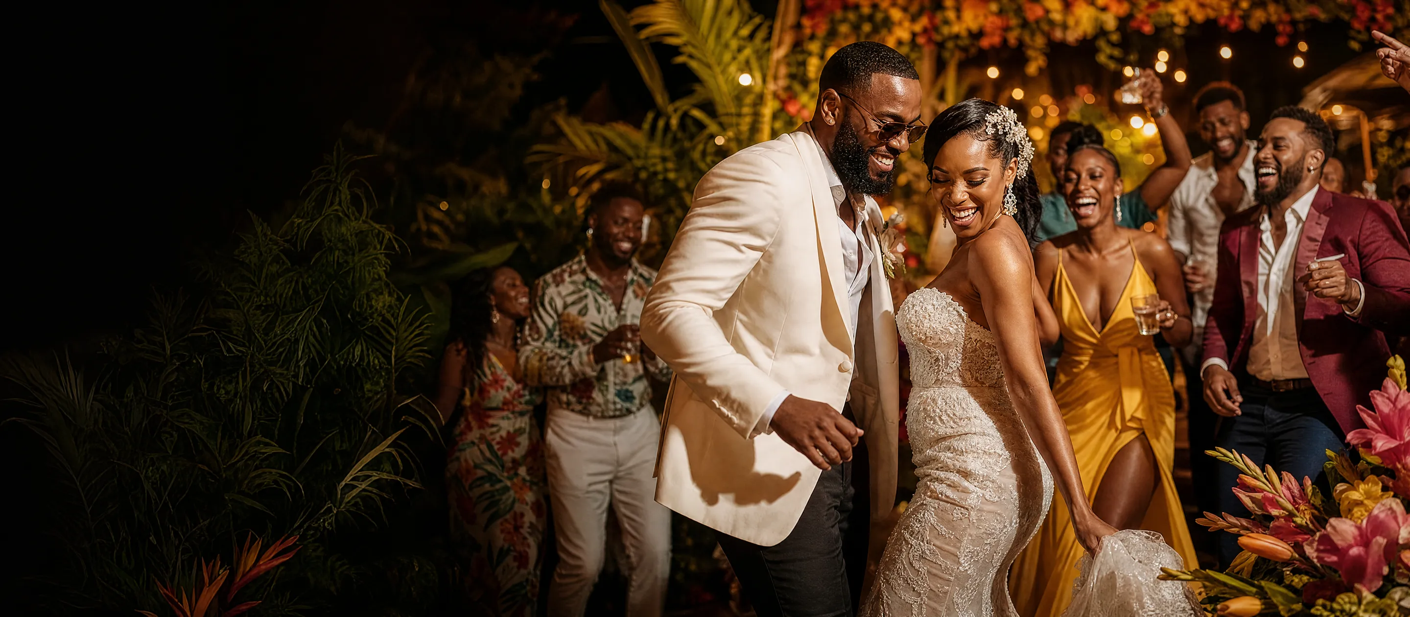 Vibrant Caribbean wedding celebration with guests dancing