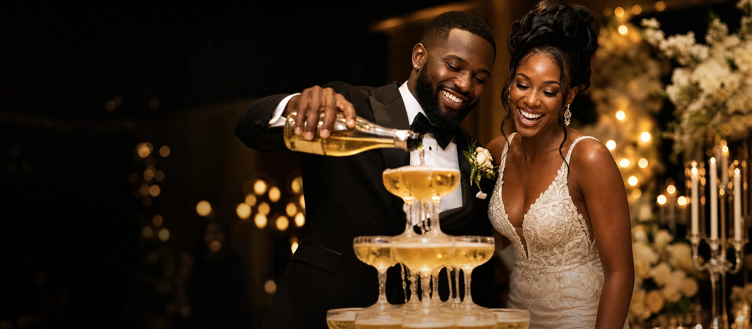 Cascading champagne tower being poured at an upscale reception
