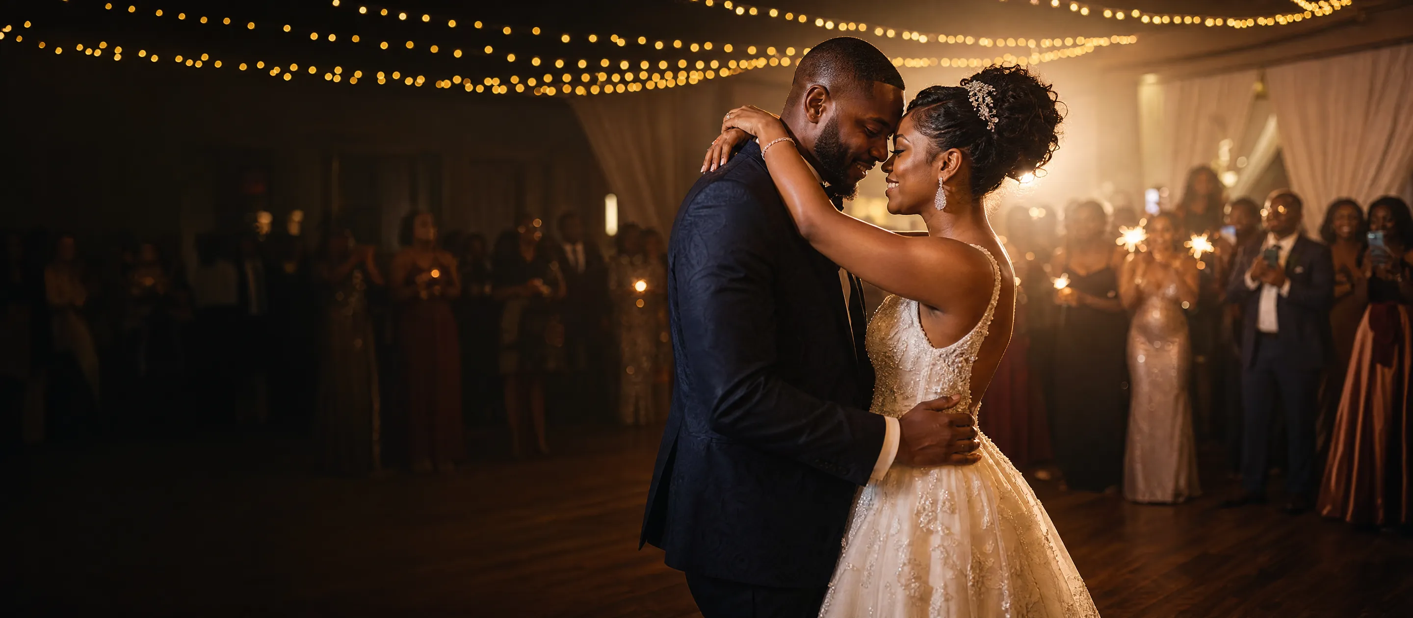 Newlyweds sharing a first dance under warm fairy lights